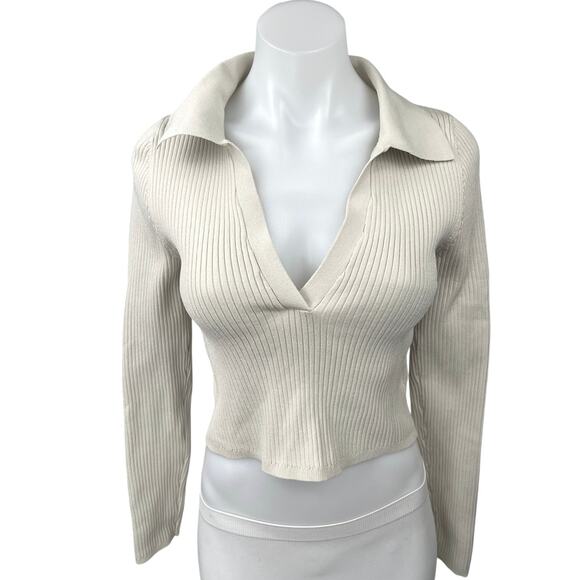 Aritzia Babaton White Ribbed Knit Vneck Collar Long Sleeve Crop Polo Shirt Top M - Picture 1 of 4